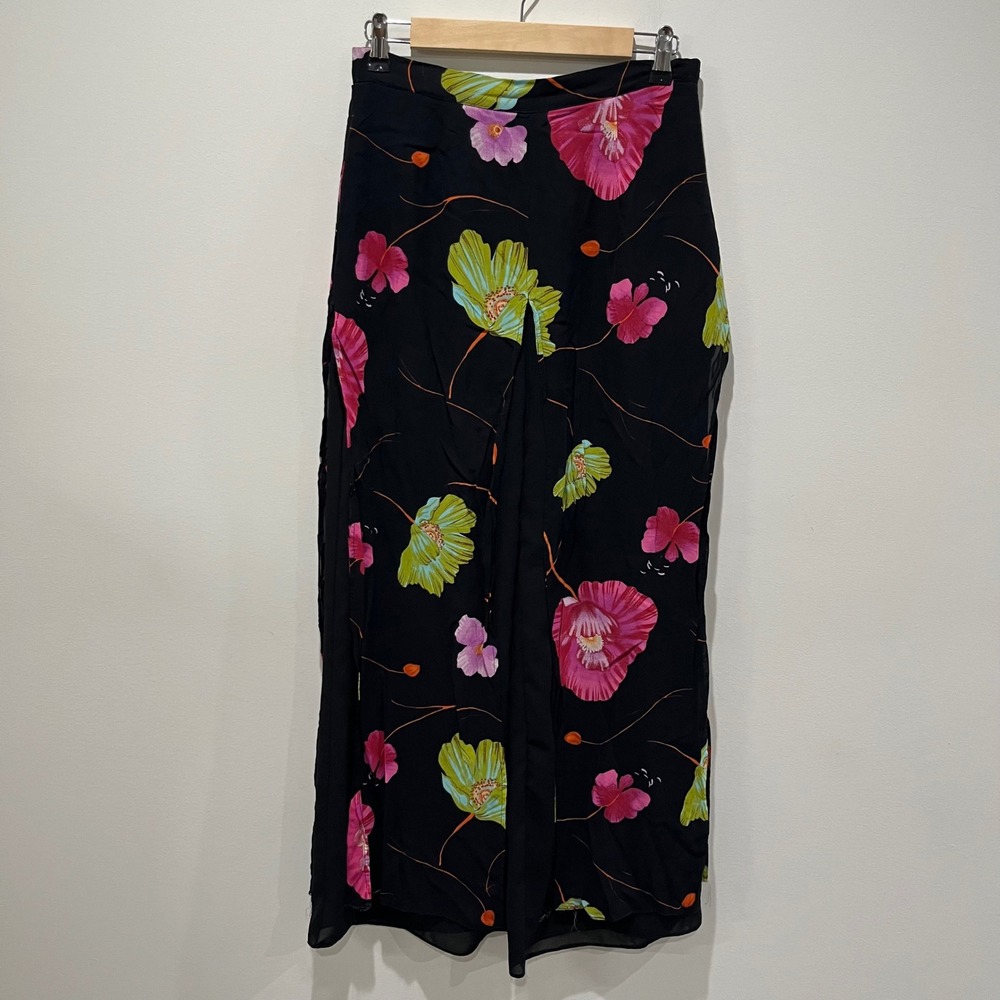 Vtg Cache Palazzo Pants Women 10 Floral Sheer Overlay Wide Leg Boho Fairy USA
